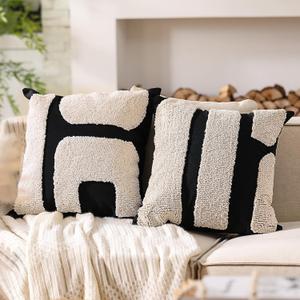 Oudain 2 Pcs Boho Chunky Tufted Pillow Covers 18 x 18 Inches Modern Abstract Tufted Pillow Cases Decorative Farmhouse Textured Pillowcases for Living Room Sofa (Black,Cream,Classic Style)