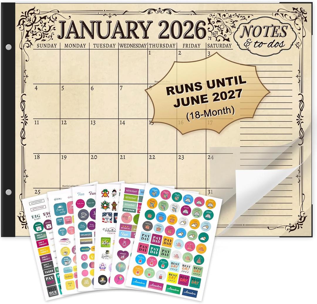 Desk Calendar 2026-2027, Large 22"x17", 18 Months from January 2026 to June 2027, Desktop Calendar with Plastic Cover and Colorful Stickers, Ideal for Home, Office, and School Planning (Vintage)