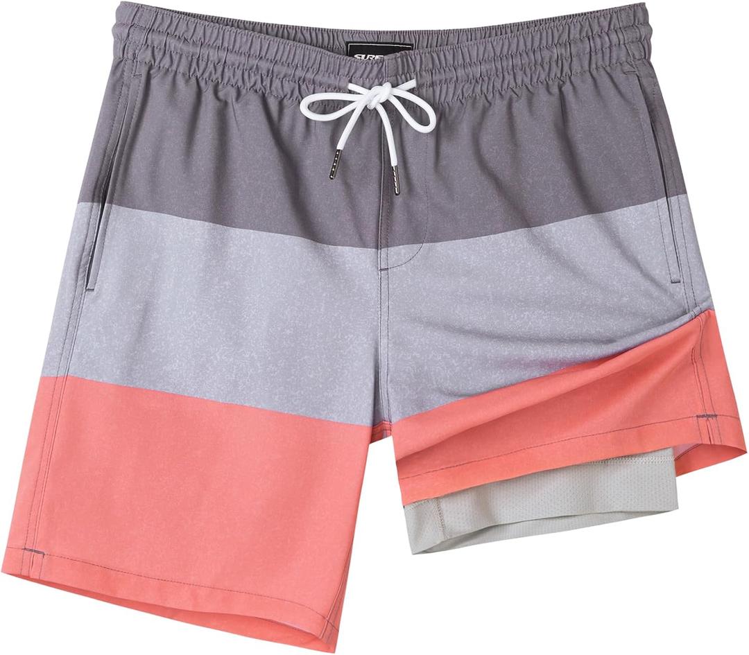 SURF CUZ Mens Swim Trunks with Compression Liner Swim Shorts 7" Swimming Trunks Stretch 7 Inch Swim Suits Quick Dry Medium