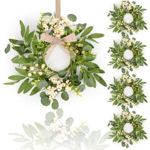 4 Pcs Green Eucalyptus Swag Wreaths for Pillars Spring Summer Kitchen Cabinet Wreaths Mini Green Berry Leaves Wreath with Ribbon for Front Door Porch Wall Window Farmhouse Decoration