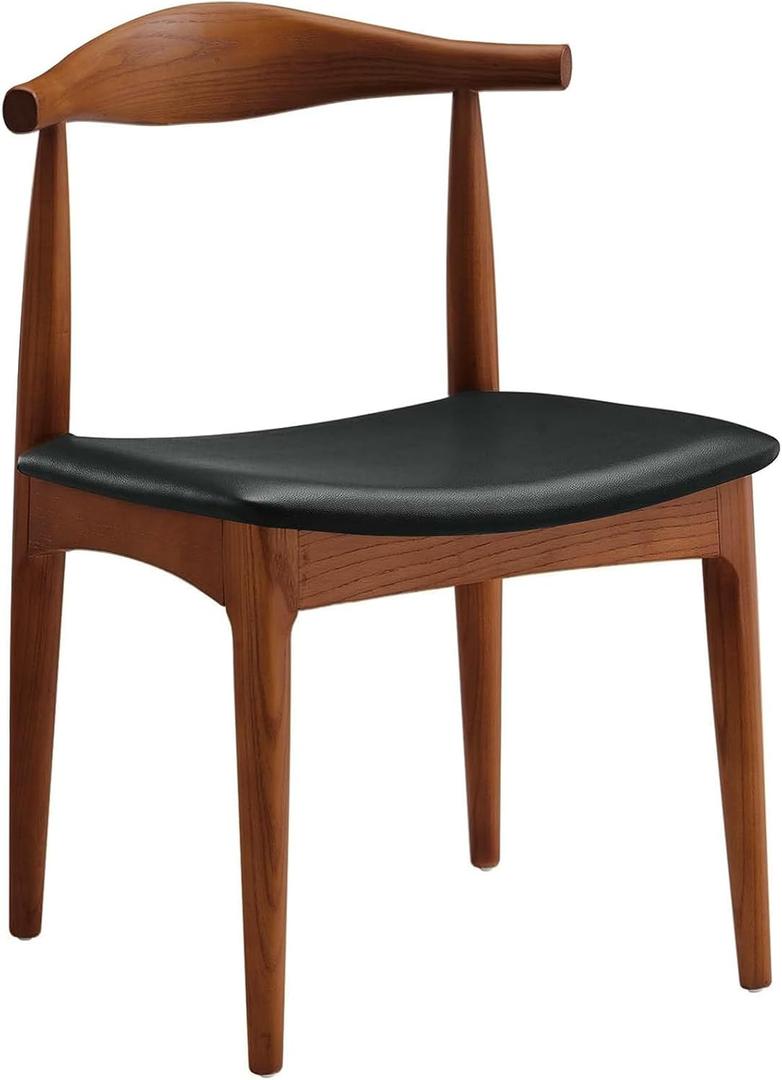 Solid Wood Dining Chair, Mid Century Dining Chair, Upholstered PU Leather Chair with Wide Curved Backrest, Chair for Dining Room, Kitchen, Walnut Finish (1-Pack)