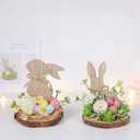 2 Pcs Easter Bunny Decor Wooden, Rustic Easter Decoration with Artificial Flowers and Eggs, Farmhouse Rabbit Shaped Table Centerpiece for Home Indoor Desk