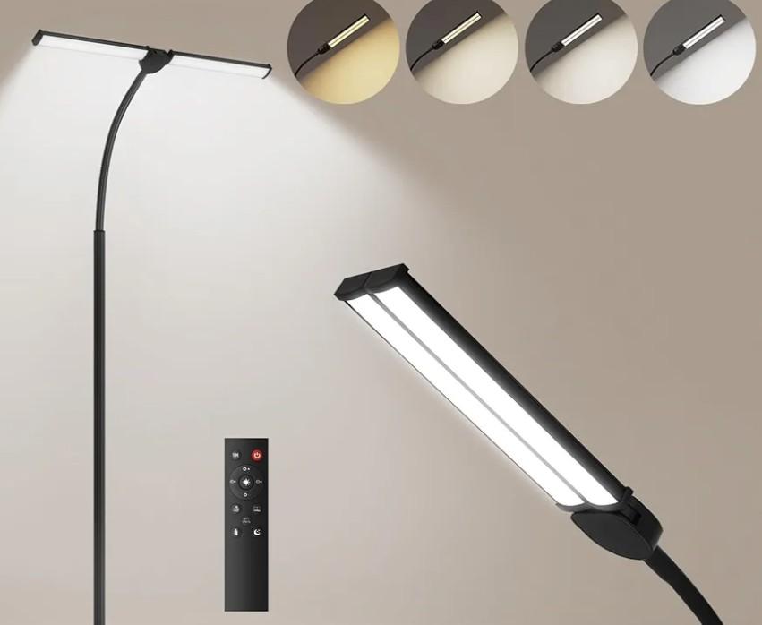 LED Floor Lamp for Living Room, Bright Reading Lamps for Office, Adjustable Colors Temperatures&Brightness, Dual Head Goose-Neck Standing Lamp, Remote and Button Control, Eye Caring Tall Lamp, Black