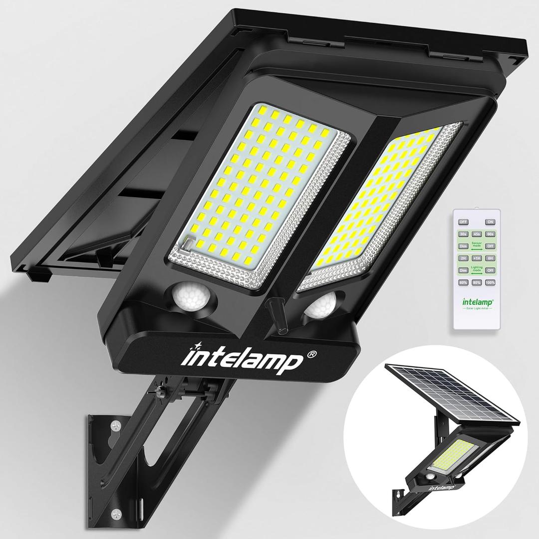 intelamp Solar Street Lights Outdoor Waterproof 3000LM 12500mAh Dual Motion Sensor Dusk to Dawn Security Floodlight Lamp Outside, LED Flood Lighting Exterior with Remote for Parking Lots Patio Yard (Black 1 Pack)