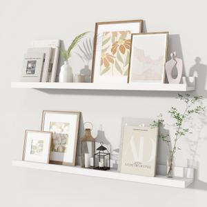 Fun Memories Picture Ledge Shelves Set of 2, 32 Inch Rustic Wall Mounted Floating Shelves with Lip for Home Storage and Dcor in Bathroom, Kitchen, Nursery, Bedroom, Living Room, White