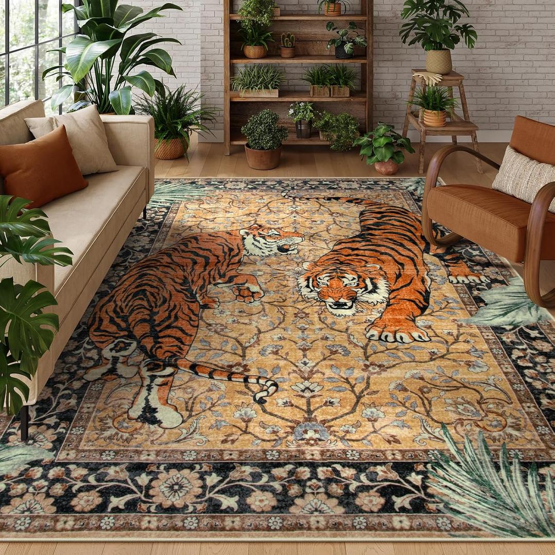 Moynesa Tiger  Rug, Boho Washable Area Rugs for Living Room, Vintage Soft Large Dining Room Rug, Non Slip Ultra Thin Floor Carpet for Bedroom Guest Room Office, Camel, Size: 9' x 12' (Rectangular)