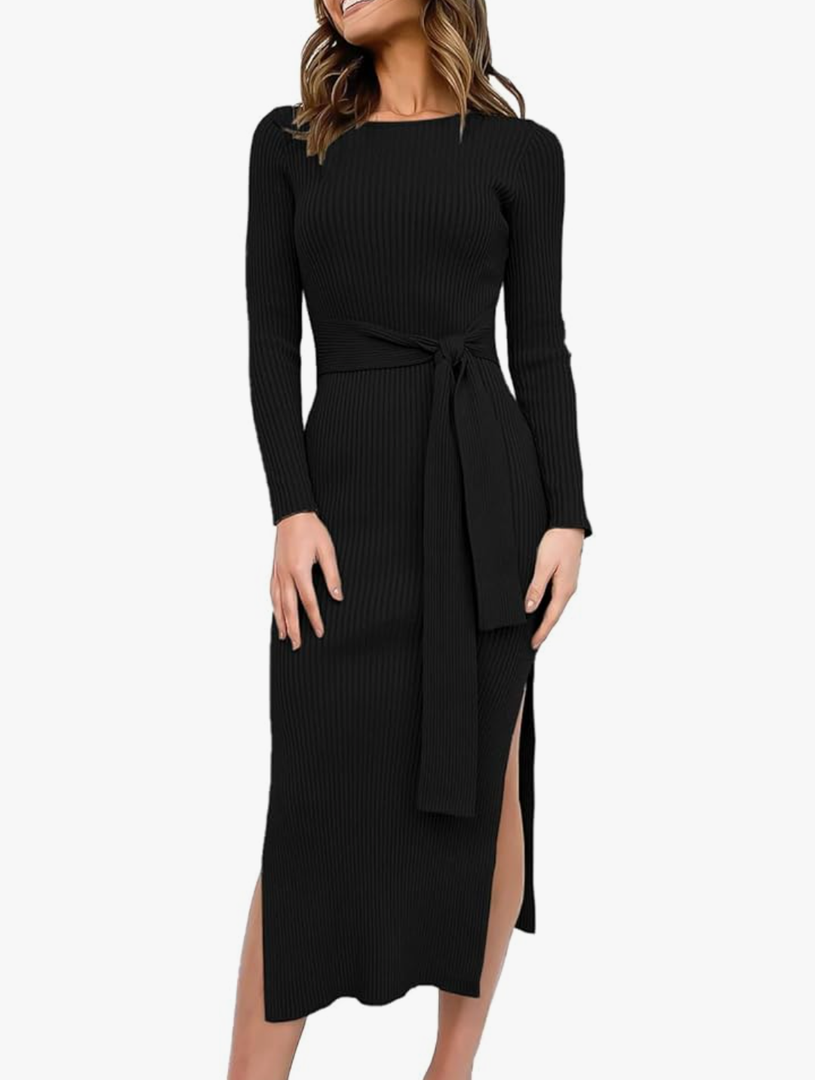 ANRABESS Womens Long Sleeve Sweater Dress Crew Neck Slim Fit Slit Tie Waist 2025 Ribbed Knit Bodycon Midi Dress Fall Outfits S