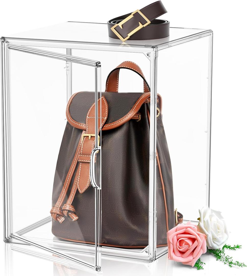 1 Pcs Super Large Acrylic Display Case Purse Handbag Storage Organizer for Closet Clear Stackable Bag Boot Shoe Boxes with Magnetic Door