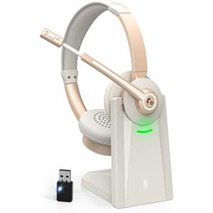 Wireless Headset with Mic for Work, Bluetooth Headset with Microphone, Wireless Headphones with USB Dongle, AI Noise Canceling Mic & Charging Base & Mic Mute for PC/Cell Phones/Call Center/Teams (Champagne Gold & White)