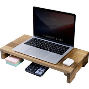 MyGift Premium Acacia Solid Wood Desk Monitor Stand, Laptop Riser & Keyboard Storage – Wooden Desktop Organizer for Screen Display and Workspace Organization