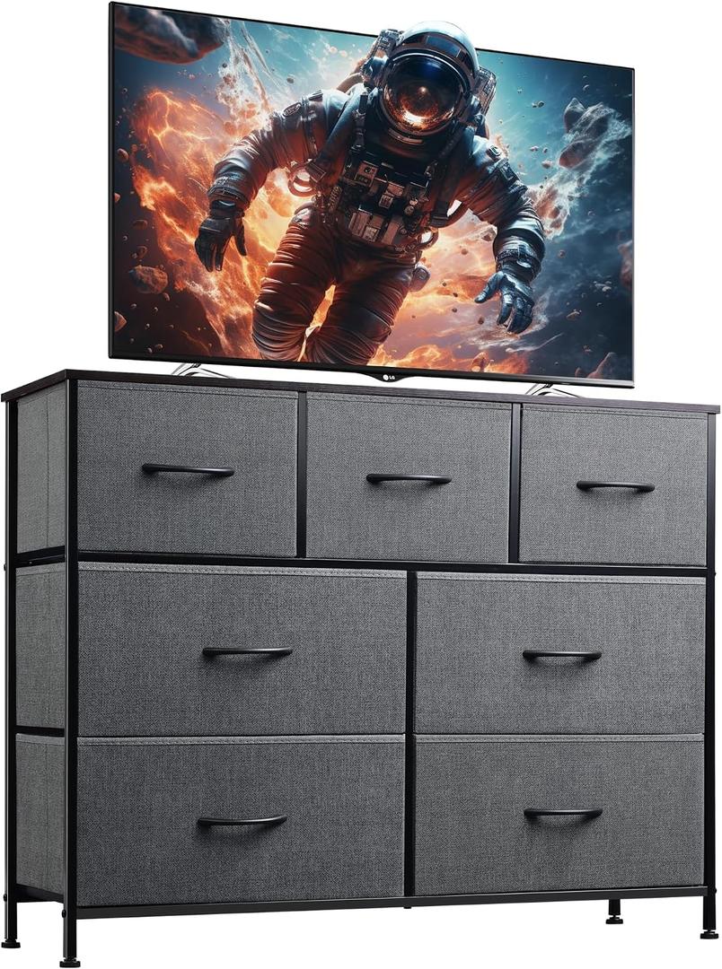 WLIVE 7 Drawer Dresser TV Stand, Entertainment Center, Media Console Table with Metal Frame and Wood Top for TV up to 45 inch, Chest of Drawers for Bedroom, Living Room, Dark Grey, 11.8"D x 39.4"W x 30.5"H