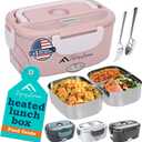 APSARAS USA Electric Lunch Box,3in1 Heated Lunch Box for Adults,60-80W,12/24/110V Portable Lunch Warmer, Leakproof Food Heater for Car/Truck/Office with 304 SS Fork&Spoon&Insulated Carry Bag Pink