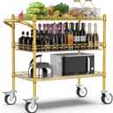 Leteuke 3 Tier Rolling Carts with Wheels,Heavy Duty Utility Bar Cart,NSF Commercial Grade Metal Cart with Handle&Shelf Liner,Trolley Serving Cart for Kitchen,Restaurant,Plant Display,Gold