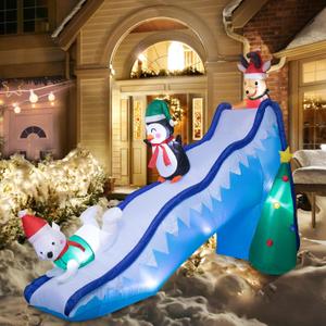 VCUTEKA Christmas Inflatables Outdoor Decorations - 9FT Inflatable Reindeer Penguin Polar Bear Christmas Tree Fun Trio Slide Scene Decor Blow Up Lighted for Holiday Yard Garden Lawn Xmas Decor (Blue)