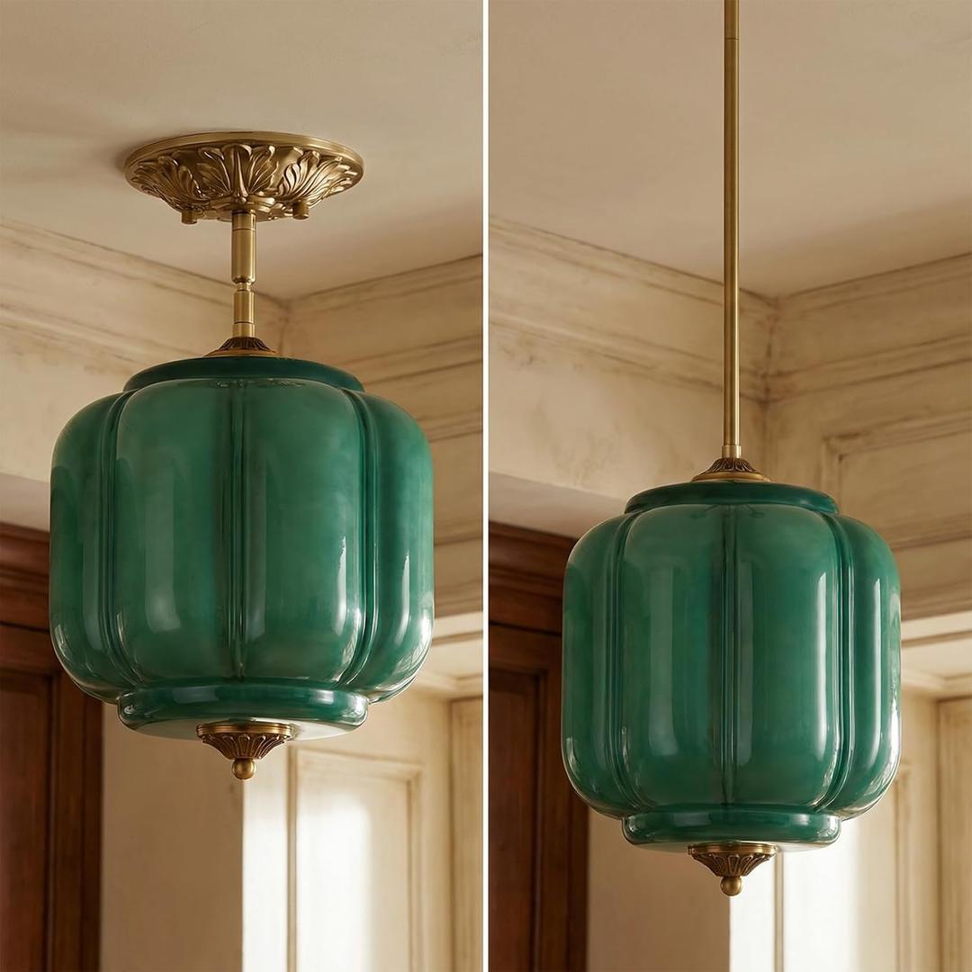 9.8" Milk Glass Pendant Light Fixture Modern Chandelier Vintage Semi Flush Mount Ceiling Light Height Adjustable Green Hanging 1-Light for Kitchen, Hallway, Bedroom, Dining Room, Small