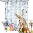 Easter Shower Curtain Bunny Blue Eucalyptus Leaves Bath Curtains Spring Buffalo Plaid Seasonal Waterproof Polyester Fabric Bathroom Shower Curtain Set with 12 Hooks Decoration 72 x 72 Inches