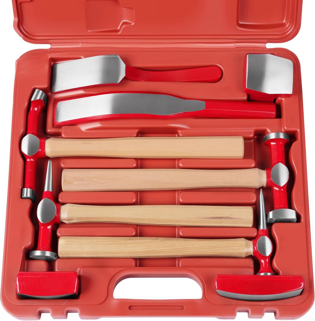 DAYUAN 9 pcs heavy duty Auto Body Repair Tool, Fender Repair Kit Carbon Steel Hammer Dolly Set Dent Hammer Set with Hickory Handle with Red Case