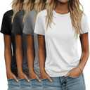 Ficerd 4 Pack Women's Cotton T Shirts Casual Short Sleeve Tunic Tops Crewneck Plain Summer Loose Fit Rolled Sleeve Basic Tee (S)