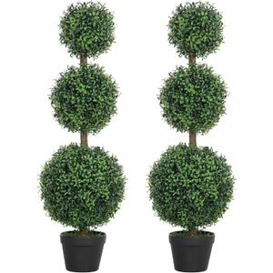HOMCOM Artificial Plants Topiary Ball-Shaped Boxwood Trees in Pot Set of 2 Fake Plants for Home Indoor Outdoor Front Porch Decor, 40 Inch, Green