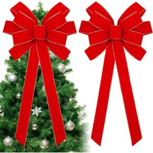 Fovths 2 Pieces Red Christmas Bows 36 x 18 Inches Large Velvet Christmas Wreath Bow with Glitter Gold Edge Christmas Tree Topper Ornament Bow for Christmas Home Indoor Outdoor Door Decor