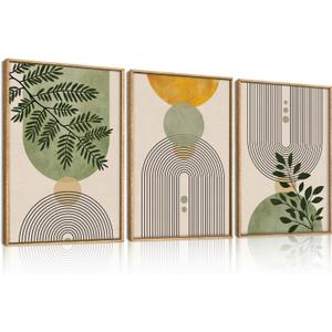 Large Boho Sage Green Framed Canvas Wall Art Set,Abstract Beige Arch Lines Wall Decor,Modern Minimalist Leaf Artwork for Living Room,Bedroom,Office-24 x36 x3