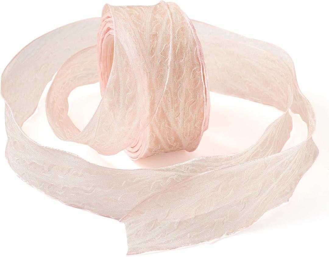 FASHEWELRY 1 Roll Crinkle Pink Chiffon Lace Ribbons 1 inch Handmade Tulle Silk Ribbon Transparent Pink Fabric for Craft Bow Making, Bridal Flower Bouquet Wedding Decor Gift Wrapping