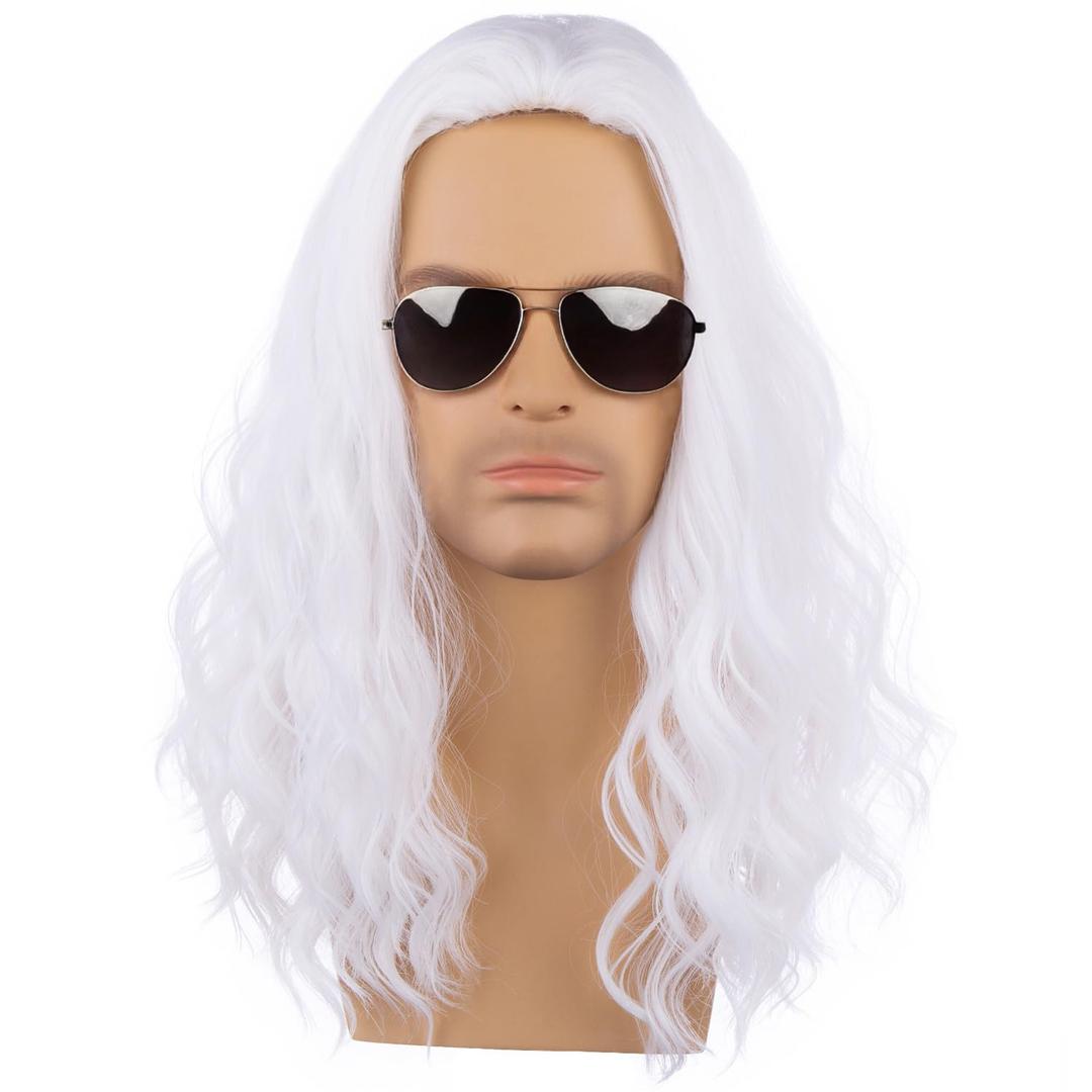 PATTNIUM Men White Wig Long Curly Wavy Wig for Men Middle Part Wigs Synthetic Cosplay Halloween Party Costume Wigs