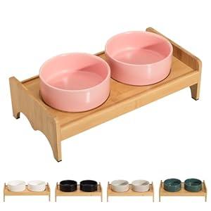 Elevated Ceramic Dog Bowl Set - Double Raised Dog Food and Water Bowls with Bamboo Stand - Ideal for Puppies and Cats - 16.23 OZ - 2 Cups