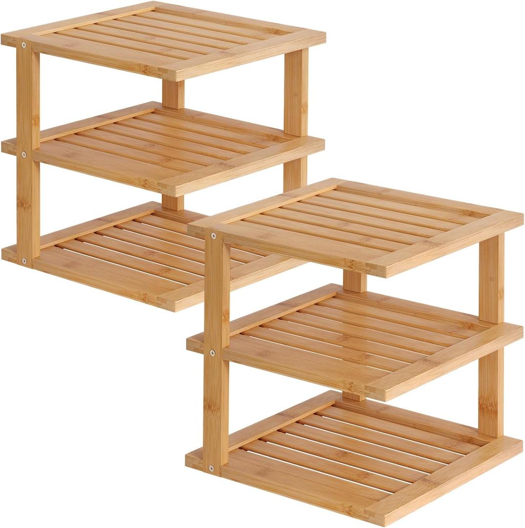2 Pack Bamboo Corner Shelf,3 Tier Kitchen Cabinet Organizer for Plates and Dishes,Pantry Storage and Spice RackNatural