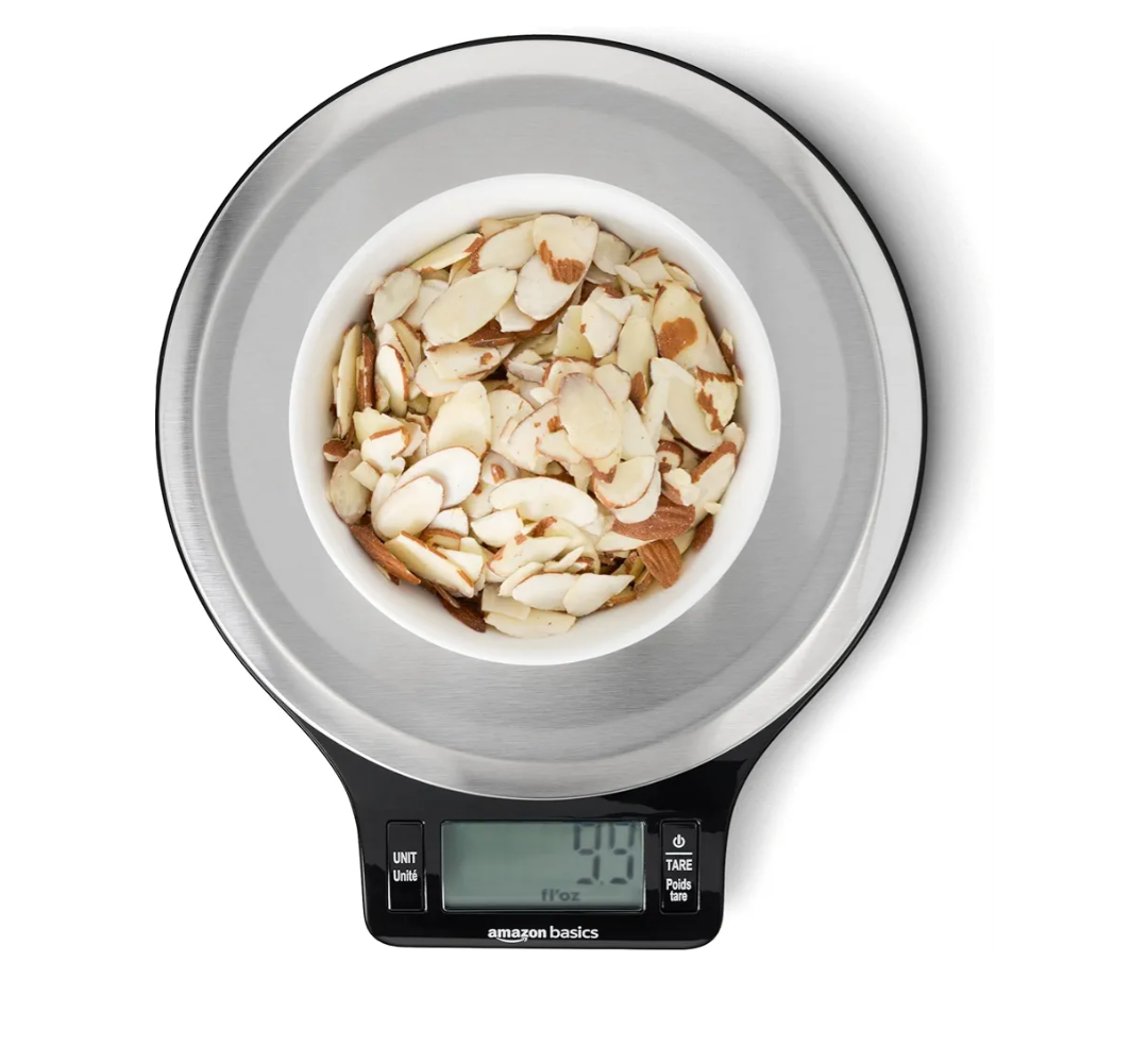 Amazon Basics Digital Kitchen Scale with LCD Display, Tare Function, Multiple Units, Weighs up to 11 Pounds, Batteries Included, Black and Stainless Steel