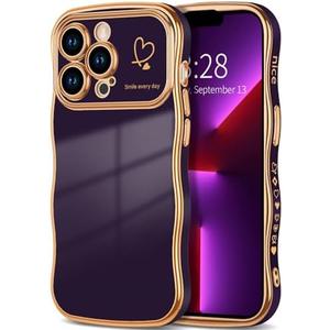 Anuck for iPhone 13 Pro Max Case for Women Girls, Cute Curly Wave Frame Shape Love Heart Design, Luxury Plating Wavy Edge Full Camera Protection Soft TPU Shockproof Phone Case Cover, Dark Purple