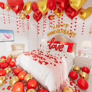 Anniversary Decorations, Happy Anniversary Banner, Hanging String Hearts, Red and Gold Balloons, Love Balloon, Red Silk Rose Petals for Wedding Bridal Shower Bachelorette Party Decorations