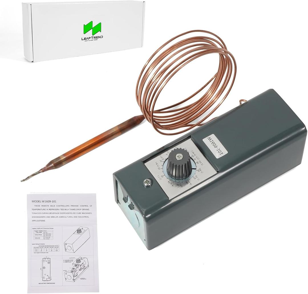 LEAPTREND W1609-101 Thermostat Temperature Controller Refrigeration Remote Bulb TH-1609, from -30 Degrees F to 90 Degrees F (-34 Degrees C to 32 Degrees C), 5 Ft Capillary