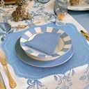 Set of 4 Blue Cotton Linen Placemats, 16 x 18 Embroidery Cloth Table Mats with Scalloped Edge Washable Fabric Place Mats Wavy Shape for Wedding Baby Shower Party Table Decor