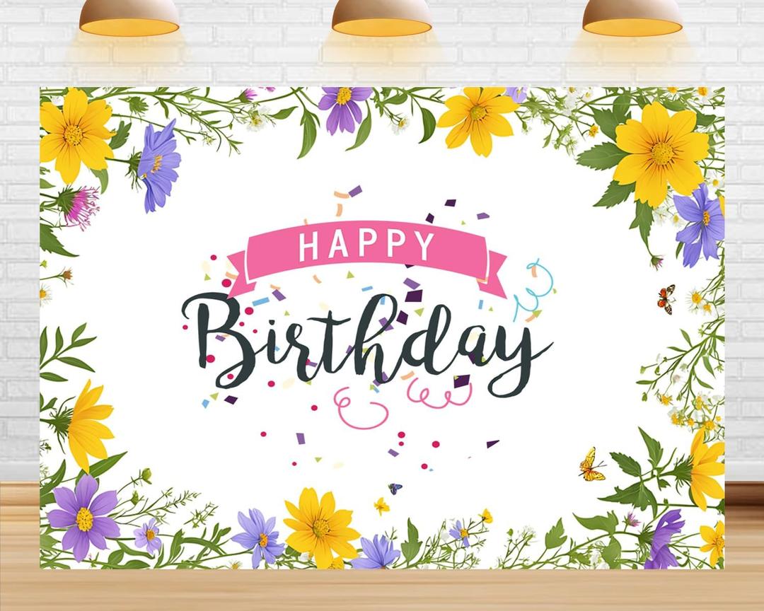 7X5ft Happy Birthday Spring Yellow and Purple Flowers Backdrop Banner for Women Colorful Flowers Carnival Party Birthday Decoration Props
