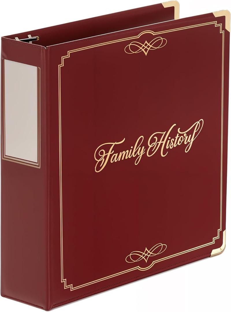 Performore Family History/Genealogy 3 inch Ring Binder, Burgundy, Stitched Padded Cover with Gold Corners and Artwork, Includes Pen Loop
