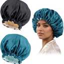 Satin Silk Bonnet for Curly Hair Braid Bonnets for Sleeping for Women Large Double-Layer Adjustable(Black&Blue Zircon)