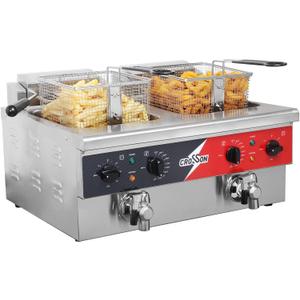 CROSSON 12L Dual Tank Countertop Electric Deep Fryer with Drain,Solid Basket and Lid for Restaurant and Home Use 120V,3600W Stainless Steel Commercial Deep Fryer (EF-6V-2)