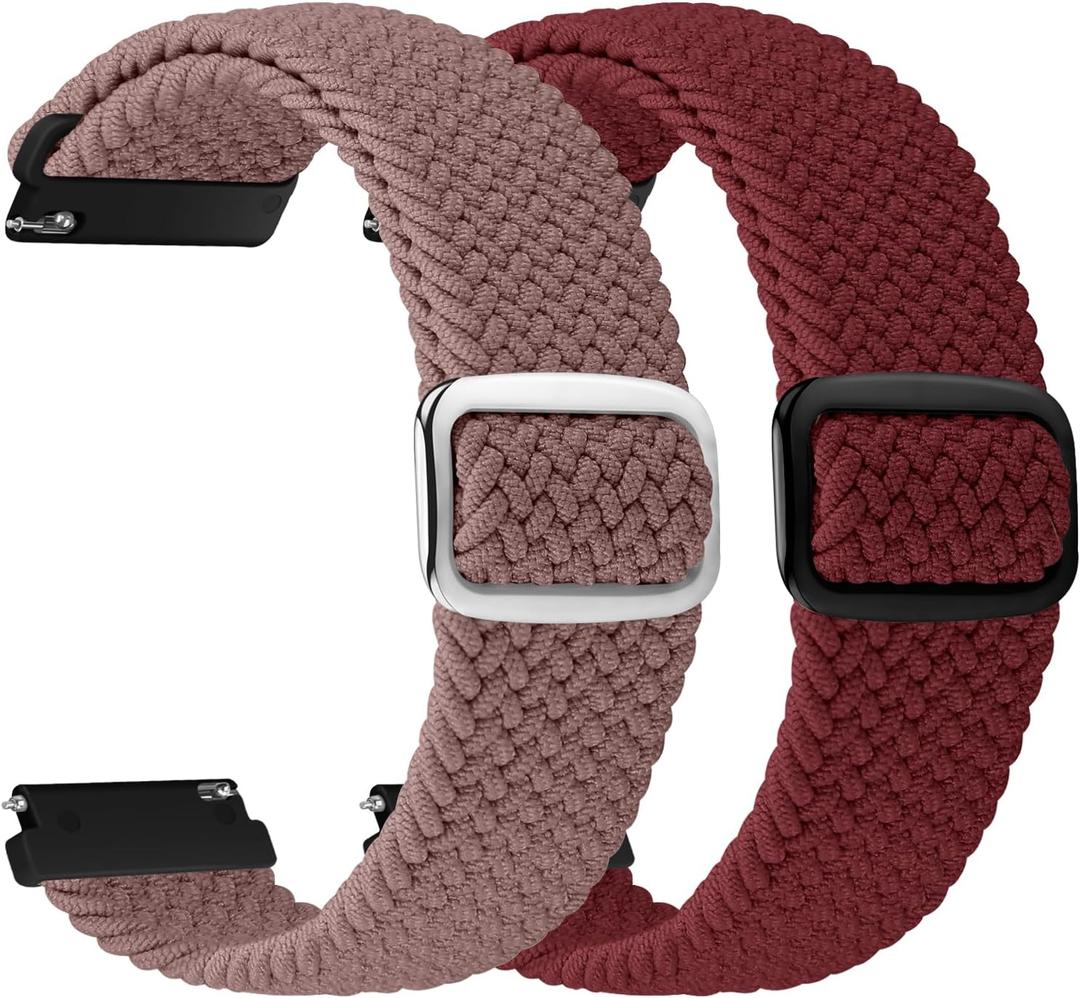2 Pack Quick Release Braided Bands - 18mm 19mm 20mm 22mm 24mm Solo Loop Adjustable Soft Band for Women Men (Smoke Purple+Wine Red)