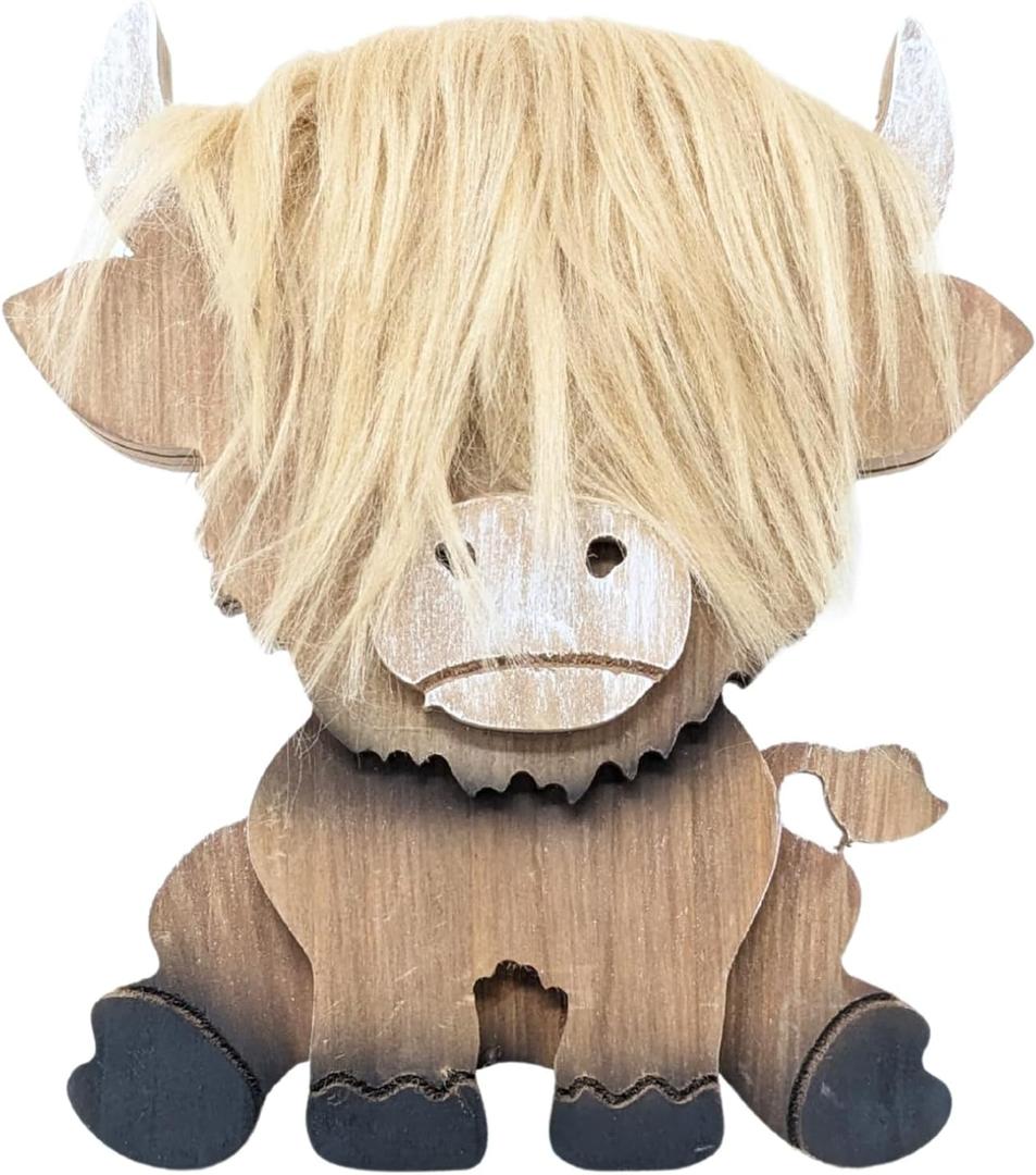 Highland Cow Wooden Figurine with Stand  Long Hair Statue for Rustic Home Country Kitchen or Office Dcor Farmhouse Table Shelf Display Accent & Unique Gift Animal Lovers