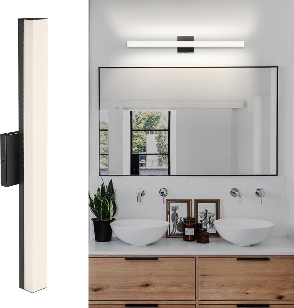 Modern Bathroom Vanity Light, 24 Inshes LED Dimmable Wall Sconce Over Mirror Indoor 24W Black Light Fixtures Wall Mount Light Bar Indoor Lamp Lighting for Living Room Restroom (PC-Medium-1PC)