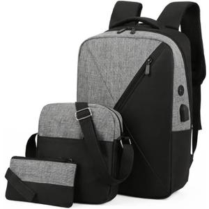 Laptop Backpack Set 3-Piece Travel Bag Collection with USB Port 15.6 Inch Computer Compartment Water-Repellent (Black and Grey)