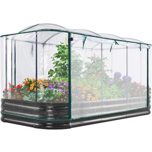 KING BIRD Raised Garden Bed with Cover Galvanized Oval Planter Garden Box Outdoor for Gardening, Vegetables, Flowers 94.5x47.2x11.8 in, Clear
