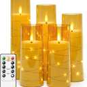 Flameless LED Candles with Timer 5 Pc Flickering Flameless Candles for Romantic Ambiance and Home Decoration Stable Acrylic Shell,with Embedded Star StringBattery Operated CandlesGold