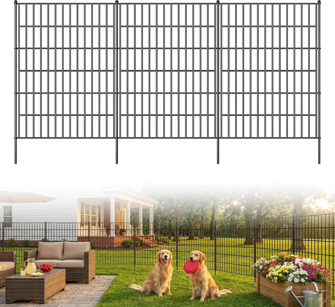 Toolterritary 10 Panels No Dig Decorative Garden Fence, 40in(H) x 25ft(L), Dog Fence Outdoor for Yard - Rustproof Metal Animal Barrier Fencing for Patio, Flower Bed, Ideal for Dogs, Rabbits