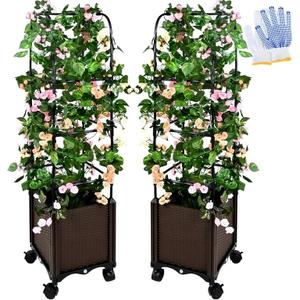 Tomato Planter Boxes,Raised Garden Bed Planter Box with Trellis, 52''Self Watering Tomato Cage Planter Boxes, with Wheels for Climbing Vegetables Plants, Tomato Cage