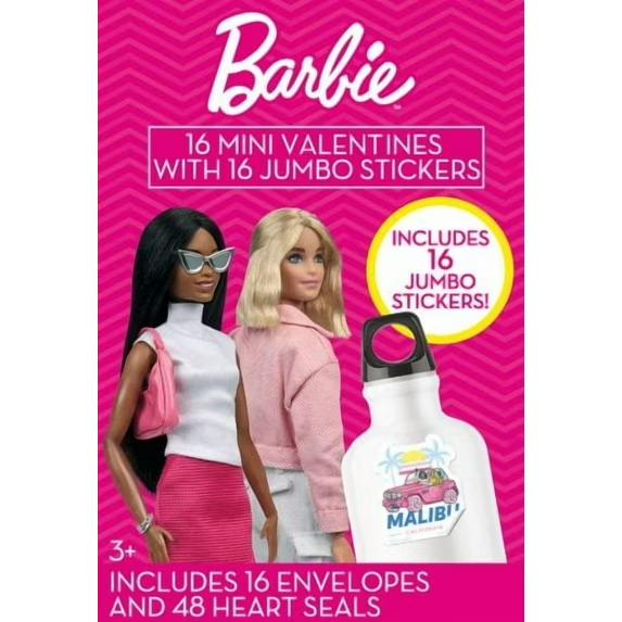 Barbie 16 Mini Valentines with 16 Jumbo Stickers. Pack of 3