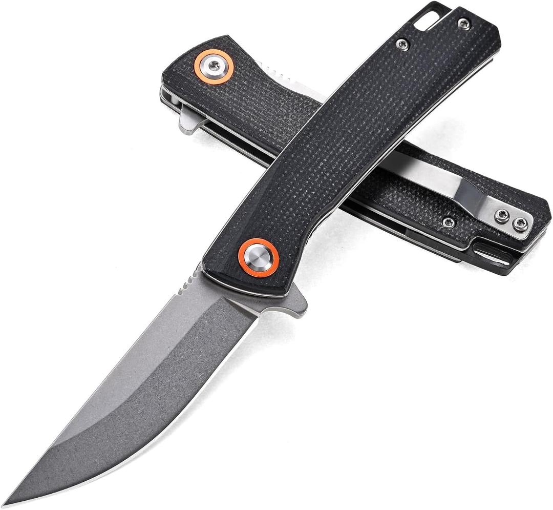 Kaelum Pocket Knife, Black D2 Steel Blade with Micarta Handle, 3 Inch Folding EDC Knife, Stonewashed Finish for Camping, Hiking, Utility Work