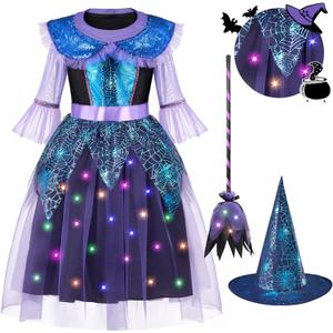 Spooktacular Creations Halloween Child Girl Light-Up Witch Dress, Toddlers Colorful Glow Witch Outfit for Role Play Parties (Toddler(3-4 yrs))