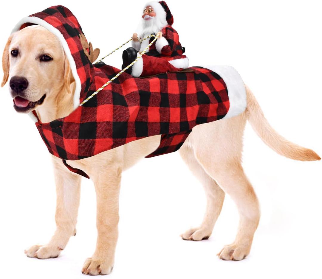 Dog Cat Christmas Winter Plaid Hoodie Coat for Pet - Santa Claus Running Xmas Dog Clothes XXXL, Red